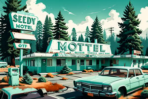 //quality, (masterpiece:1.4), (detailed), ((,best quality,)),//highly detailed Travel poster of A MOTEL, desolate seedy motel, run down industrial area, doug fir trees, with the text "SEEDY MOTEL" at the top, big fonts,flat 2d image,mint color pallette, intricately detailed, best quality, digital art style, well defined outer edges, vintage travel poster, 