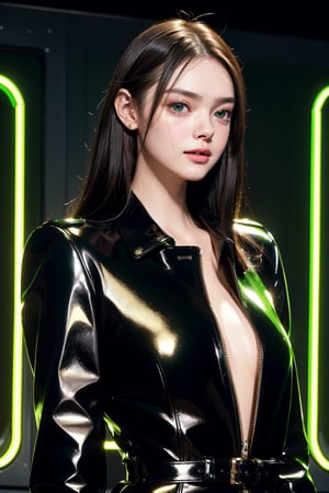 score_9, (Masterpiece), REALISTIC, UHD, vivid colors, 8K, more detail, ultra high_resolution, sharp, (advertisement shot), 1girl, ((She looks like Elle fanning, eyes look like Mila kunis, light smile)), 20yo, ((slicked back hair)), symmetrical eyes, detail face feature, well-proportioned body, detailed fabric textures in clothing, she is a supermodel, (magazine photo, Dolce & Gabbana brand fashion collections black dress and leather coat and accessories), (virtual unreal Matrix world dim green neon light Computer Graphic background)