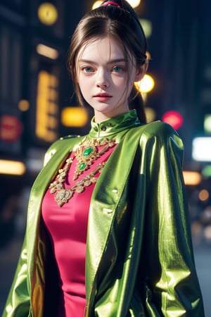 score_9, (Masterpiece), REALISTIC, UHD, vivid colors, 8K, more detail, ultra high_resolution, sharp, (advertisement shot), 1girl, ((She looks like Elle fanning, eyes look like Mila kunis, light smile)), 20yo, ((slicked straight ponytail hair)), symmetrical eyes, detail face feature, well-proportioned body, detailed fabric textures in clothing, she is a super model, (magazine photo, (Dolce & Gabbana brand fashion collections), dress and coat and accessories), (virtual unreal Matrix world dim green neon city CG background)