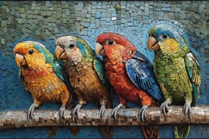 Photographic mosaic of lovebirds meeting parakeets on the street corner looking for their food, dark palette, high resolution and contrast and color contrast, intricate textures and very fine details, detailmaster2, side lights, epic look, great artwork, more details XL 