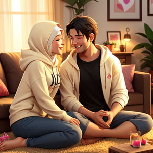 A captivating 3D render of a portrait photography scene featuring Dilla and Agung, an adorable Asian-faced couple. Dilla wears a cream hoodie with her name Dilla and a hijab, lovingly gazing at Agung in a black t-shirt with Agung printed on it. They sit cross-legged in their cozy, warmly lit living room adorned with heart-shaped items, plants, and framed artwork. The soft, warm lighting enhances the romantic and nature-connected ambiance, capturing their thrilling adventure and newfound discovery.