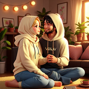 A captivating 3D render of Dilla and Agung, an adorable Asian-faced couple. Dilla wears a cream hoodie with her name Dilla and a hijab, gazing lovingly at Agung in a black t-shirt with Agung printed on it. They sit cross-legged in their cozy, warmly lit living room, decorated with heart-shaped items, plants, and framed artwork. The warm lighting enhances the romantic and nature-connected ambiance, setting the stage for their thrilling adventure and newfound discovery.
