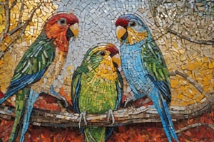 Photographic mosaic of lovebirds meeting parakeets on the street corner looking for their food, high resolution and contrast and color contrast, intricate textures and very fine details, detailmaster2, side lights, epic look, great artwork, more details XL 