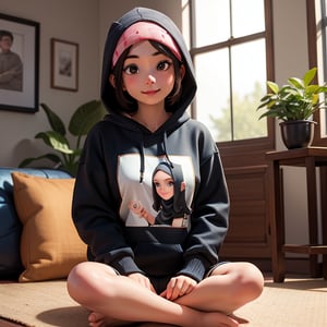 (portrait photography, 3d render, typography), A captivating 3D render of Dilla and Agung, an adorable Asian-faced couple. The girl was wearing a cream hoodie emblazoned with her name "Dilla" and a hijab, gazes lovingly at Agung, who dons a black t-shirt with his name "Agung" printed on it. They are sitting cross-legged in their cozy, warmly lit living room. The room is decorated with heart-shaped items, plants, and framed artwork. The warmly lit room exudes romance and a connection with nature, setting the stage for their thrilling adventure as they explore their newfound discovery., 