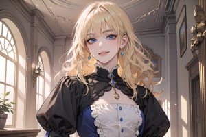 1girl, solo, ((Blonde hair)), (bangs), wavy hair, blue eyes, ((small chest:1.3)), seductive smile, Golden earing, wearing a (Victorian dress), by Raphael, masterpiece, upper body shot, magnificent indoor hall