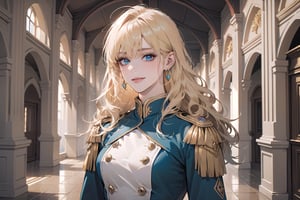 1 woman, ((mature)), solo, ((Blonde hair)), (bangs), wavy hair, blue eyes, ((small chest:1)), seductive smile, Golden earing, wearing a (Milatary Uniform), by Raphael, masterpiece, upper body shot, magnificent indoor hall