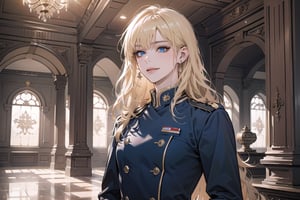 Oxyia, 1 mature woman, solo, ((Blonde hair)), (bangs), wavy long hair, blue eyes, ((small chest:1.2)), smirk, earing, wearing a (military uniform), long sleeve, by Raphael, masterpiece, upper body shot, magnificent indoor hall