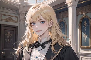 1 woman, solo, ((Blonde hair)), (bangs), wavy hair, blue eyes, ((small chest:1)), seductive smile, Golden earing, wearing a (Victorian School Uniform), by Raphael, masterpiece, upper body shot, magnificent indoor hall