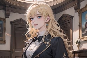 1 woman, solo, ((Blonde hair)), (bangs), wavy hair, blue eyes, ((small chest:1)), seductive smile, Golden earing, wearing a (Victorian School Uniform), by Raphael, masterpiece, upper body shot, magnificent indoor hall