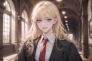 1girl, solo, ((Blonde hair)), (bangs), wavy long hair, blue eyes, ((small chest:1.3)), smile, earing, wearing a ((Red tie)) (Victorian School Uniform), by Raphael, masterpiece, upper body shot, magnificent indoor hall