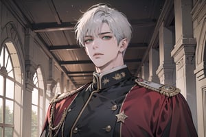 Ydor, 1boy, ((solo focus)), ((white short hair)), (Left side-parting bangs), green eyes, handsome, mature, angular jaw, thick neck, ((Gray)) ((military uniform:1.3)), by Raphael, masterpiece, upper body shot, magnificent indoor hall