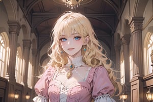 1girl, solo, ((Blonde hair)), (bangs), wavy hair, blue eyes, ((small chest:1.3)), seductive smile, Golden earing, wearing a ((Pink)) (Victorian dress), by Raphael, masterpiece, upper body shot, magnificent indoor hall