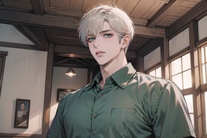 Ydor, 1boy, ((solo focus)), ((white short hair)), (Left side-parting bangs), green eyes, handsome, mature, angular jaw, thick neck, ((Salmon)) ((shirt:1.3)), short sleeve, by Raphael, masterpiece, upper body shot, magnificent indoor hall