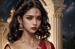 RWA photo, best quality, masterpiece, 8K resolution, ((solo:1.3)), ((1girl)), Indian beautiful teen girl, exquisite facial features, wearing luxurious saree, adorned with elaborate golden earrings and headpiece, ((black short hair)), ((wavy hair)), ((dark skin)), black eyes, serious expression, close up portrait, perfect figure, cinematic lighting, in starlit night with big moon