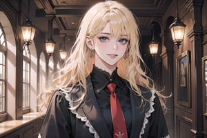 1girl, solo, ((Blonde hair)), (bangs), wavy long hair, blue eyes, ((small chest:1.3)), smile, earing, wearing a ((Red tie)) (Victorian School Uniform), by Raphael, masterpiece, upper body shot, magnificent indoor hall