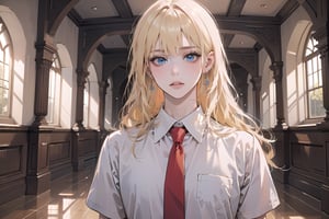 1girl, solo, ((Blonde hair)), (bangs), wavy long hair, blue eyes, ((small chest:1.2)), shy, earing, wearing a ((Red tie)) (School Uniform), short sleeve, by Raphael, masterpiece, upper body shot, magnificent indoor hall