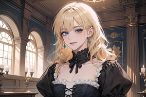 1girl, solo, ((Blonde hair)), (bangs), wavy hair, blue eyes, ((small chest:1.3)), seductive smile, Golden earing, wearing a (Victorian dress), by Raphael, masterpiece, upper body shot, magnificent indoor hall