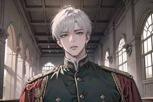 Ydor, 1boy, ((solo focus)), ((white short hair)), (Left side-parting bangs), green eyes, handsome, mature, angular jaw, thick neck, ((Gray)) ((military uniform:1.3)), by Raphael, masterpiece, upper body shot, magnificent indoor hall