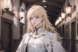 Oxyia, 1girl, solo, ((Blonde hair)), (bangs), wavy long hair, blue eyes, ((small chest:1.3)), ((slim figure:1.2)), wearing a (white military coat), long sleeve, by Raphael, masterpiece, upper body shot, magnificent indoor hall