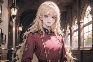 Oxyia, 1girl, solo, ((Blonde hair)), (bangs), wavy long hair, blue eyes, smile, ((small chest:1.3)), ((slim figure:1.2)), wearing a (pink military uniform), long sleeve, by Raphael, masterpiece, upper body shot, magnificent indoor hall