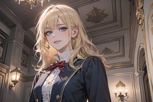 1girl, solo, ((Blonde hair)), (bangs), wavy hair, blue eyes, ((small breasts:1.2)), seductive smile, Golden earing, wearing a (Red Victorian School Uniform), by Raphael, masterpiece, upper body shot, magnificent indoor hall