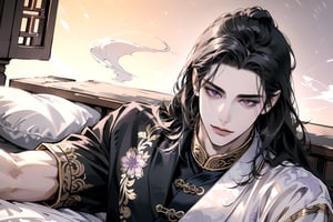 A man lying on a luxurious Chinese-style bed, holding a smoking pipe, (Absurdres, Intricate Details, Masterpiece, Best Quality, High Resolution, 8k), (1man), (male:1.2), mature face, (mature boy:1.2), smile, finely detailed eyes and face, lean body, (black ((long)) straight hair:1.2), (purple eyes), handsome, angular jaw, hair styled to reveal the forehead, (((Purple)) Chinese costume), (focus on character:1.1), solo, upper body shot, detailed background, luxurious and ornate bed with Chinese motifs, serene expression, ethereal atmosphere, Depth of Field, Chinese style, soft and natural lighting
