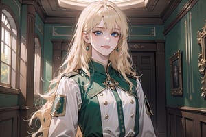 Oxyia, 1girl, solo, ((Blonde hair)), (bangs), wavy long hair, blue eyes, smile, ((small chest:1.3)), ((slim figure:1.2)), wearing a (green military tunic), long sleeve, by Raphael, masterpiece, upper body shot, magnificent indoor hall