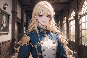 Oxyia, 1 mature woman, solo, ((Blonde hair)), (bangs), wavy long hair, blue eyes, smirk, ((small chest:1.3)), slim figure, wearing a (white military uniform), long sleeve, by Raphael, masterpiece, upper body shot, magnificent indoor hall