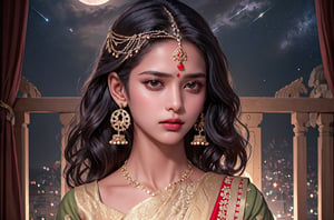 RWA photo, best quality, masterpiece, 8K resolution, ((solo:1.3)), ((1girl)), Indian beautiful teen girl, exquisite facial features, wearing luxurious saree, adorned with elaborate golden earrings and headpiece, ((black short hair)), ((wavy hair)), ((dark skin)), black eyes, serious expression, close up portrait, perfect figure, cinematic lighting, in starlit night with big moon