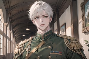 Ydor, 1boy, ((solo focus)), ((white short hair)), (Left side-parting bangs), green eyes, handsome, mature, angular jaw, thick neck, ((Olive)) ((military uniform:1.3)), by Raphael, masterpiece, upper body shot, magnificent indoor hall