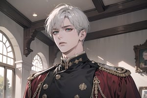 Ydor, 1boy, ((solo focus)), ((white short hair)), (Left side-parting bangs), green eyes, handsome, mature, angular jaw, thick neck, ((Gray)) ((military uniform:1.3)), by Raphael, masterpiece, upper body shot, magnificent indoor hall