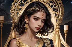 RWA photo, best quality, masterpiece, 8K resolution, ((solo:1.3)), ((1girl)), Indian beautiful teen girl, exquisite facial features, wearing luxurious saree, adorned with elaborate golden earrings and headpiece, ((black short hair)), ((wavy hair)), ((dark skin)), black eyes, serious expression, close up portrait, perfect figure, cinematic lighting, in starlit night with big moon