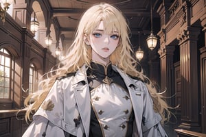 Oxyia, 1girl, solo, ((Blonde hair)), (bangs), wavy long hair, blue eyes, ((small chest:1.3)), ((slim figure:1.2)), wearing a (white military coat), long sleeve, by Raphael, masterpiece, upper body shot, magnificent indoor hall