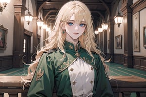 Oxyia, 1girl, solo, ((Blonde hair)), (bangs), wavy long hair, blue eyes, smirk, ((small chest:1.3)), slim figure, wearing a (green military tunic), long sleeve, by Raphael, masterpiece, upper body shot, magnificent indoor hall