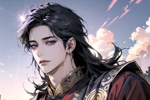 (Absurdres, Intricate Details, Masterpiece, Best Quality, High Resolution, 8k), (1man), (male:1.2), mature face, (mature boy:1.2), serious, finely detailed eyes and face, lean body, (black long straight hair:1.2), (purple eyes), (((Purple)) Chinese costume), (focus on character:1.1), solo, full shot, full body, detailed background, detailed face, thunder manipulation, dynamic shadows, ethereal atmosphere, Depth of Field, spellcaster, Chinese style, (((Ascension))), Mysterious clouds, thunderstorm