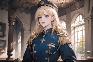 Oxyia, 1 mature woman, solo, ((Blonde hair)), (bangs), wavy long hair, blue eyes, ((small chest:1.2)), wearing a (military uniform), long sleeve, by Raphael, masterpiece, upper body shot, magnificent indoor hall