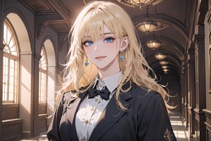 1 woman, ((mature)), solo, ((Blonde hair)), (bangs), wavy hair, blue eyes, ((small chest:1)), seductive smile, Golden earing, wearing a (School Uniform), by Raphael, masterpiece, upper body shot, magnificent indoor hall