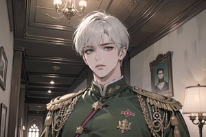 Ydor, 1boy, ((solo focus)), ((white short hair)), (Left side-parting bangs), green eyes, handsome, angular jaw, thick neck, ((Olive)) ((military uniform:1.3)), by Raphael, masterpiece, upper body shot, magnificent indoor hall