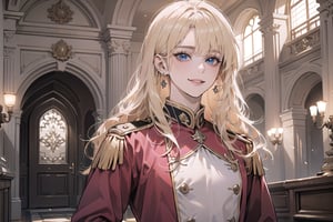 Oxyia, 1girl, solo, ((Blonde hair)), (bangs), wavy long hair, blue eyes, smile, ((small chest:1.3)), ((slim figure:1.2)), wearing a (pink military uniform), long sleeve, by Raphael, masterpiece, upper body shot, magnificent indoor hall