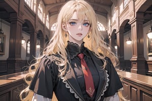 1girl, solo, ((Blonde hair)), (bangs), wavy long hair, blue eyes, ((small chest:1.2)), earing, wearing a ((Red tie)) (Victorian School Uniform), by Raphael, masterpiece, upper body shot, magnificent indoor hall