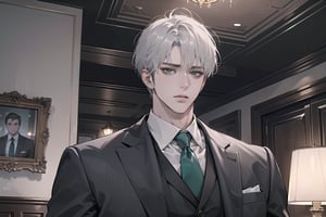 Ydor, 1boy, ((solo focus)), ((white short hair)), (Left side-parting bangs), green eyes, handsome, mature, angular jaw, thick neck, ((Gray)) ((Three-piece Suit:1.3)), by Raphael, masterpiece, upper body shot, magnificent indoor hall