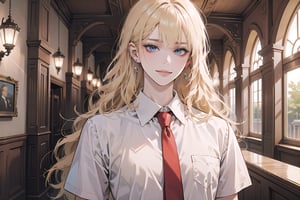 1girl, solo, ((Blonde hair)), (bangs), wavy long hair, blue eyes, ((small chest:1.2)), smirk, earing, wearing a ((Red tie)) (School Uniform), short sleeve, by Raphael, masterpiece, upper body shot, magnificent indoor hall