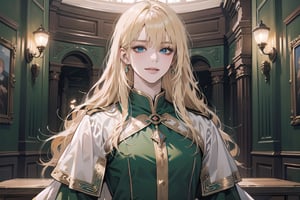 Oxyia, 1girl, solo, ((Blonde hair)), (bangs), wavy long hair, blue eyes, smirk, ((small chest:1.3)), slim figure, wearing a (green military tunic), long sleeve, by Raphael, masterpiece, upper body shot, magnificent indoor hall