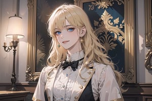 1girl, solo, ((Blonde hair)), (bangs), wavy hair, blue eyes, ((small chest:1.2)), seductive smile, Golden earing, wearing a (Victorian School Uniform), by Raphael, masterpiece, upper body shot, magnificent indoor hall