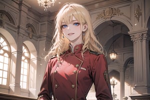 Oxyia, 1 mature woman, solo, ((Blonde hair)), (bangs), wavy long hair, blue eyes, smirk, ((small chest:1.2)), wearing a (red military uniform), long sleeve, by Raphael, masterpiece, upper body shot, magnificent indoor hall