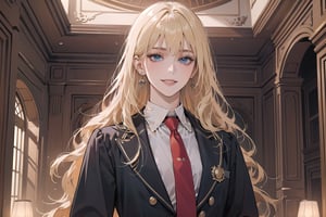 1girl, solo, ((Blonde hair)), (bangs), wavy long hair, blue eyes, ((small chest:1.3)), smile, earing, wearing a ((Red tie)) (Victorian School Uniform), by Raphael, masterpiece, upper body shot, magnificent indoor hall