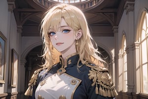 1 woman, ((mature)), solo, ((Blonde hair)), (bangs), wavy hair, blue eyes, ((small chest:1)), seductive smile, Golden earing, wearing a (Milatary Uniform), by Raphael, masterpiece, upper body shot, magnificent indoor hall