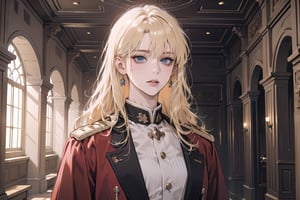 Oxyia, 1 mature woman, solo, ((Blonde hair)), (bangs), wavy long hair, blue eyes, ((small chest:1.2)), wearing a (red military uniform), long sleeve, by Raphael, masterpiece, upper body shot, magnificent indoor hall