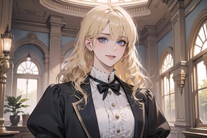 1 woman, solo, ((Blonde hair)), (bangs), wavy hair, blue eyes, ((small chest:1)), seductive smile, Golden earing, wearing a (Victorian School Uniform), by Raphael, masterpiece, upper body shot, magnificent indoor hall