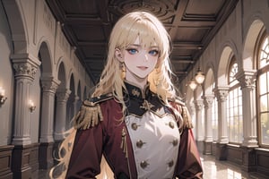 Oxyia, 1 mature woman, solo, ((Blonde hair)), (bangs), wavy long hair, blue eyes, smirk, ((small chest:1.3)), slim figure, wearing a (white military uniform), long sleeve, by Raphael, masterpiece, upper body shot, magnificent indoor hall